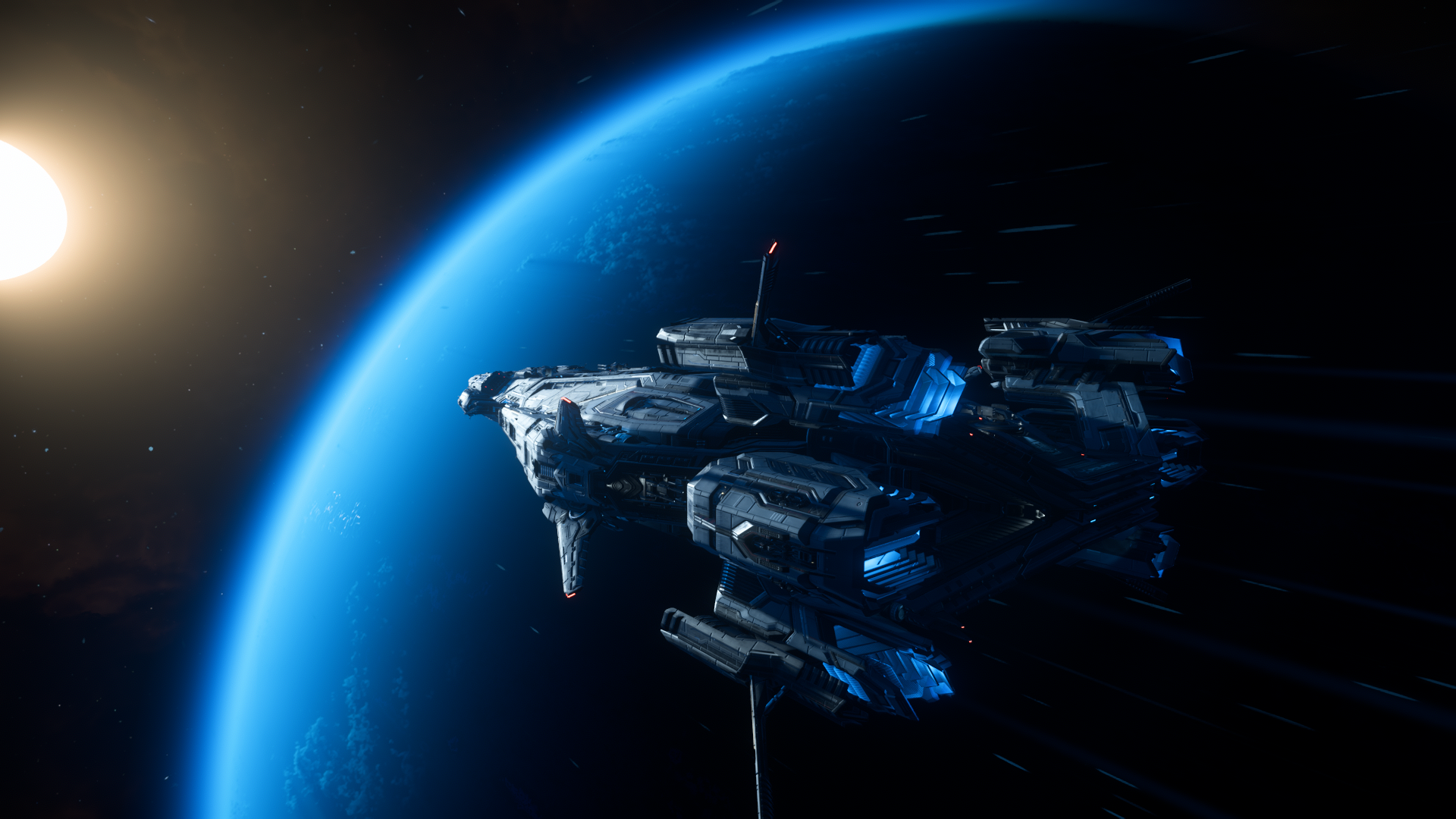 Bathed in the blue glow of Pyro I, the Polaris advances toward its next combat assignment. Its commanding presence reflects the coordination behind every successful fleet operation.