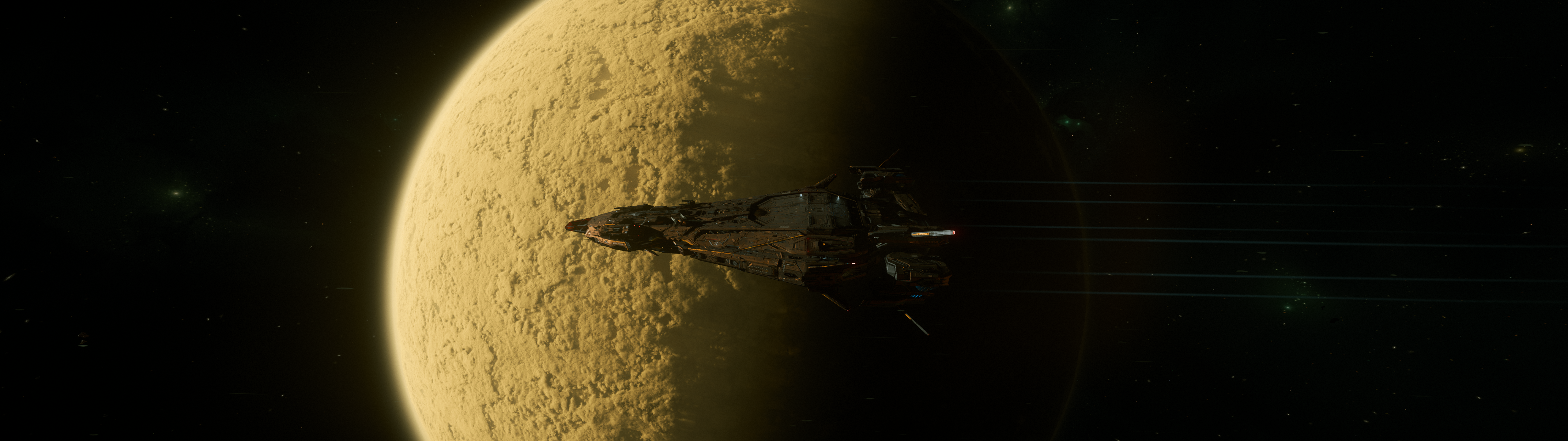 The Polaris cruises past the golden surface of Aberdeen while conducting security and combat missions throughout the Stanton system. Its imposing silhouette reflects the strength and readiness required for large-scale fleet operations.